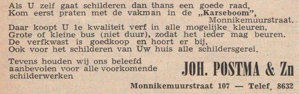 Krantenadvertentie van Joh. Postma en Zonen schilderwerken uit 1951