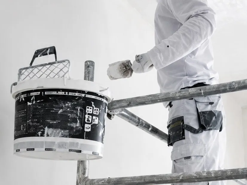 Schilder op een rolsteiger met een verfblik en roller in de hand, close-up zonder gezicht